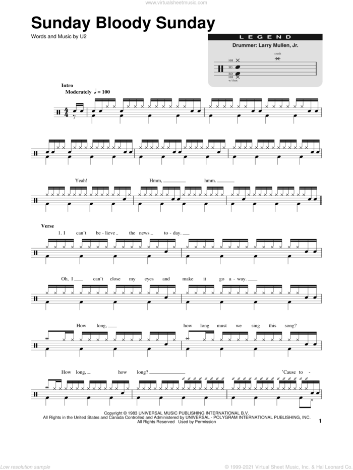 Sunday Bloody Sunday sheet music for drums by U2, intermediate skill level
