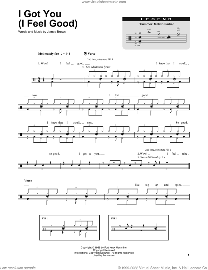 I Got You (I Feel Good) sheet music for drums by James Brown, intermediate skill level