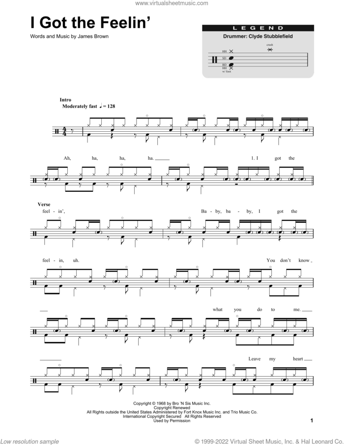 I Got The Feelin' sheet music for drums by James Brown, intermediate skill level
