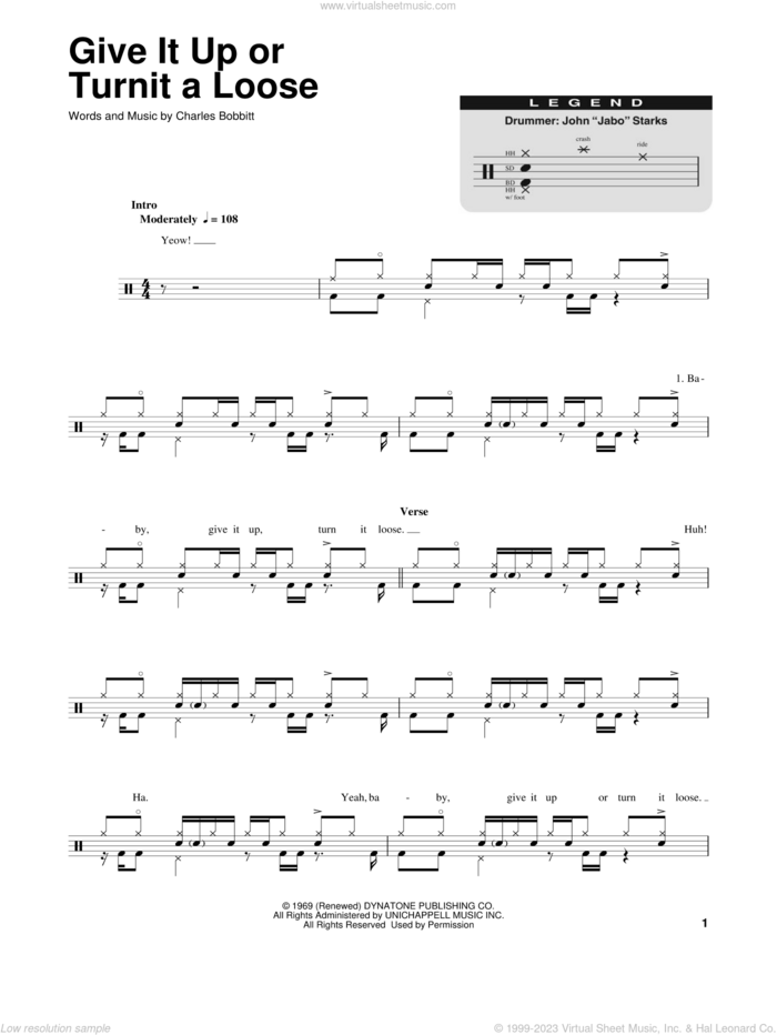 Give It Up Or Turnit A Loose sheet music for drums by James Brown and Charles Bobbitt, intermediate skill level