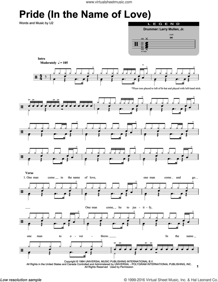 Pride (In The Name Of Love) sheet music for drums by U2 and Clivelles & Cole, intermediate skill level