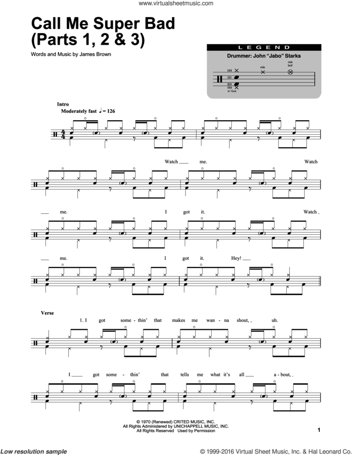 Call Me Super Bad (Parts 1, 2 and 3) sheet music for drums by James Brown, intermediate skill level