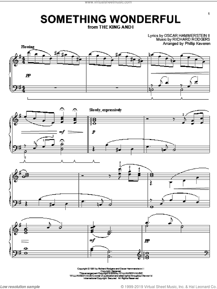 Something Wonderful (arr. Phillip Keveren) sheet music for piano solo by Rodgers & Hammerstein, Phillip Keveren, The King And I (Musical), Oscar II Hammerstein and Richard Rodgers, intermediate skill level