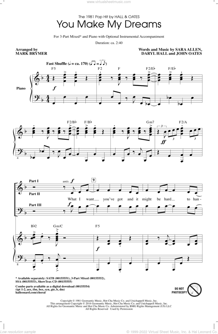 You Make My Dreams sheet music for choir (3-Part Mixed) by Mark Brymer, Daryl Hall & John Oates, Hall and Oates, Daryl Hall, John Oates and Sara Allen, intermediate skill level