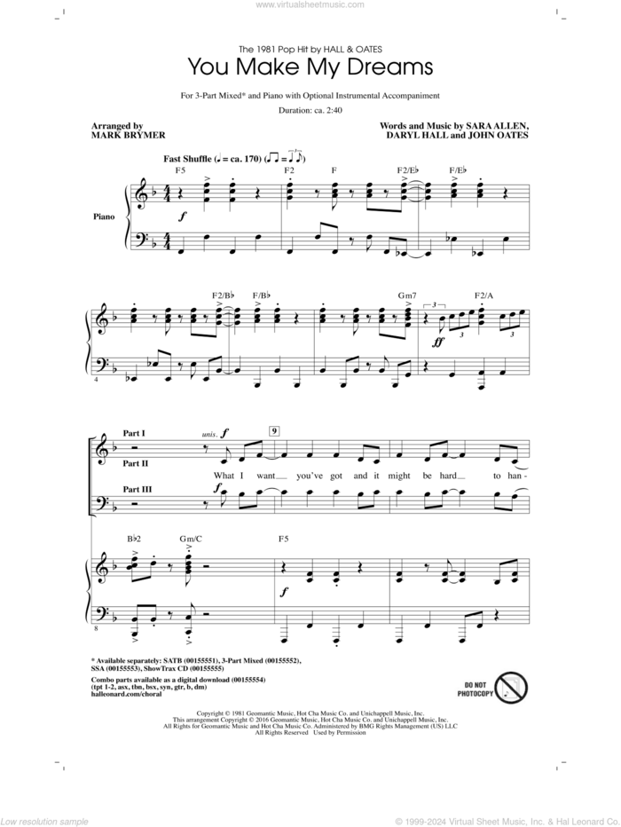 You Make My Dreams sheet music for choir (3-Part Mixed) by Mark Brymer, Daryl Hall & John Oates, Hall and Oates, Daryl Hall, John Oates and Sara Allen, intermediate skill level