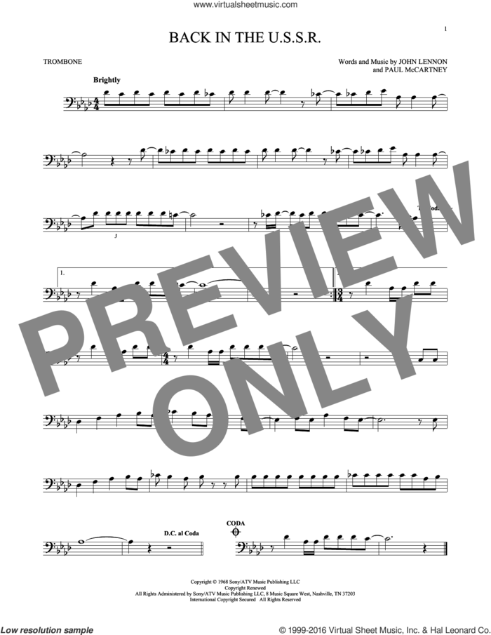Back In The U.S.S.R. sheet music for trombone solo by The Beatles, John Lennon and Paul McCartney, intermediate skill level