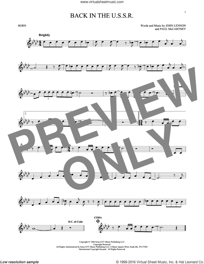 Back In The U.S.S.R. sheet music for horn solo by The Beatles, John Lennon and Paul McCartney, intermediate skill level