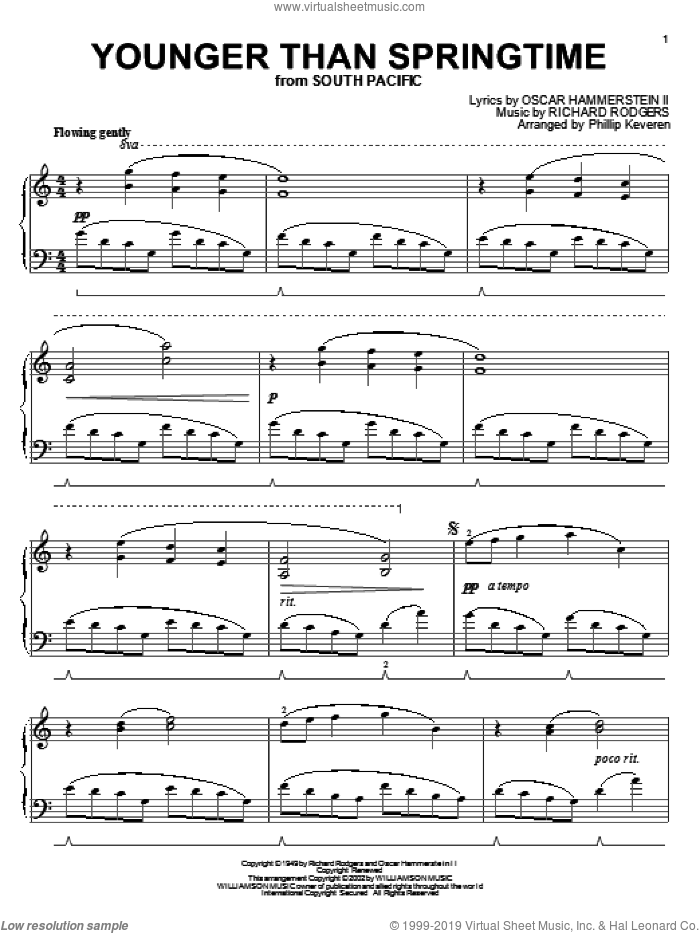 Younger Than Springtime (arr. Phillip Keveren) sheet music for piano solo by Rodgers & Hammerstein, Phillip Keveren, South Pacific (Musical), Oscar II Hammerstein and Richard Rodgers, intermediate skill level