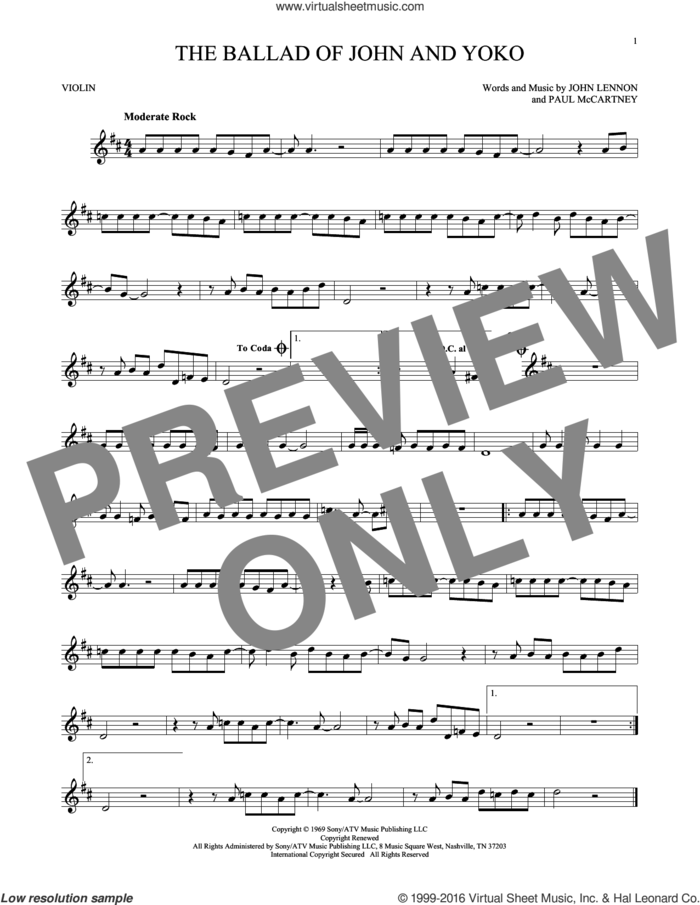 The Ballad Of John And Yoko sheet music for violin solo by The Beatles, John Lennon and Paul McCartney, intermediate skill level