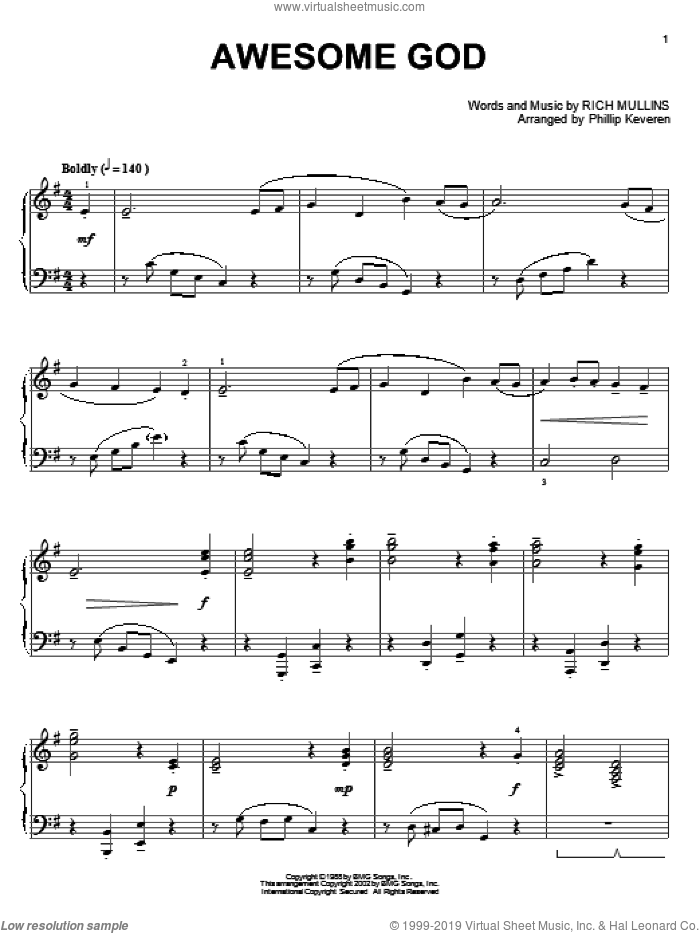 Awesome God (arr. Phillip Keveren), (intermediate) sheet music for piano solo by Rich Mullins and Phillip Keveren, intermediate skill level