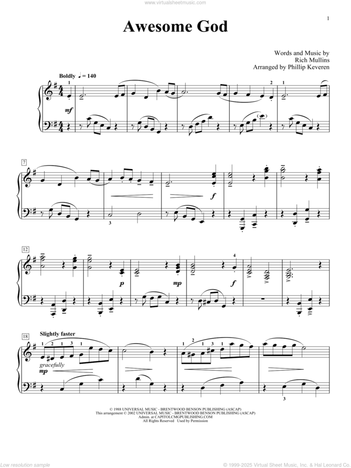 Awesome God (arr. Phillip Keveren) sheet music for piano solo by Rich Mullins and Phillip Keveren, intermediate skill level