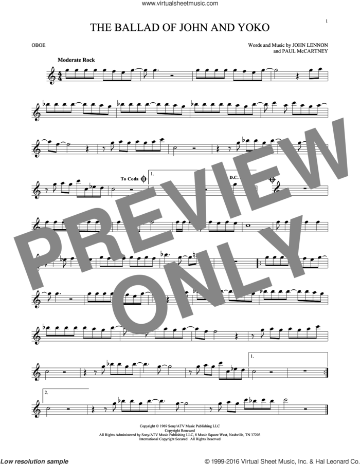 The Ballad Of John And Yoko sheet music for oboe solo by The Beatles, John Lennon and Paul McCartney, intermediate skill level