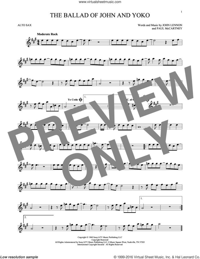 The Ballad Of John And Yoko sheet music for alto saxophone solo by The Beatles, John Lennon and Paul McCartney, intermediate skill level