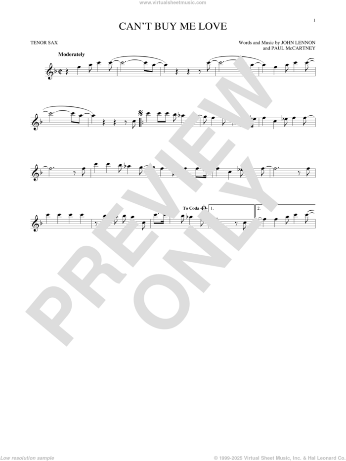 Can't Buy Me Love sheet music for tenor saxophone solo by The Beatles, John Lennon and Paul McCartney, intermediate skill level