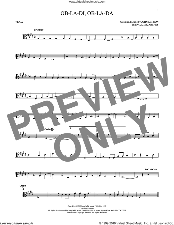 Ob-La-Di, Ob-La-Da sheet music for viola solo by The Beatles, John Lennon and Paul McCartney, intermediate skill level