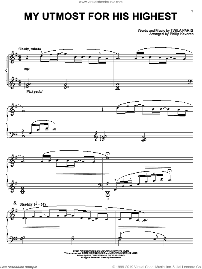 My Utmost For His Highest (arr. Phillip Keveren) sheet music for piano solo by Twila Paris and Phillip Keveren, intermediate skill level