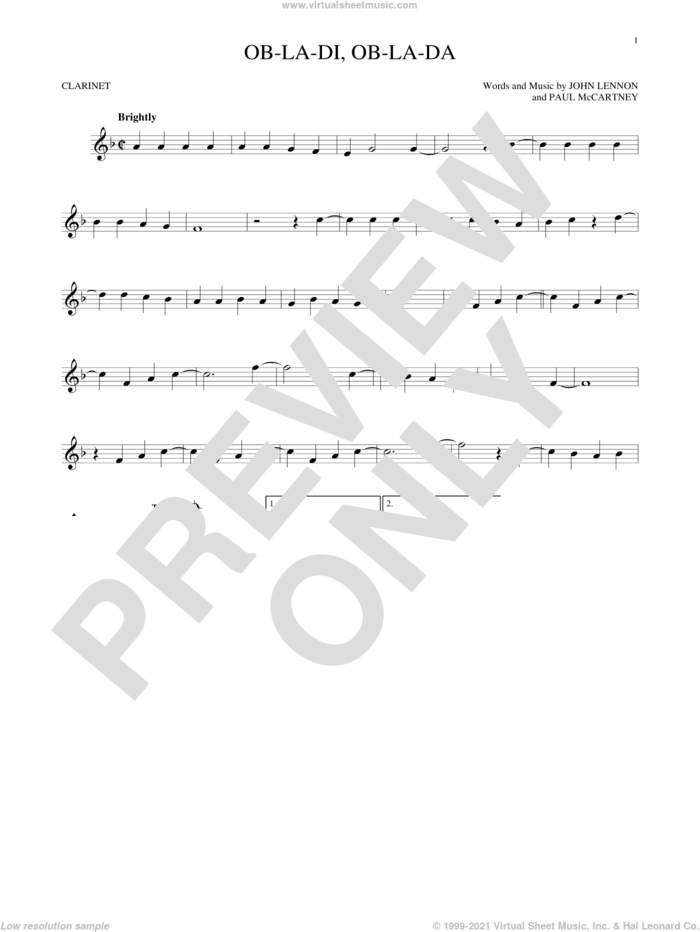 Ob-La-Di, Ob-La-Da sheet music for clarinet solo by The Beatles, John Lennon and Paul McCartney, intermediate skill level