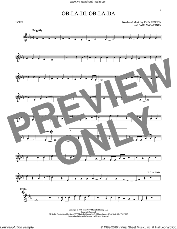 Ob-La-Di, Ob-La-Da sheet music for horn solo by The Beatles, John Lennon and Paul McCartney, intermediate skill level