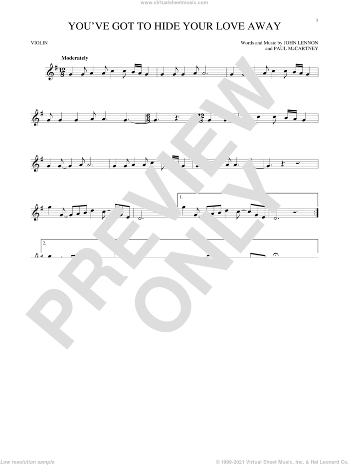 You've Got To Hide Your Love Away sheet music for violin solo by The Beatles, John Lennon and Paul McCartney, intermediate skill level