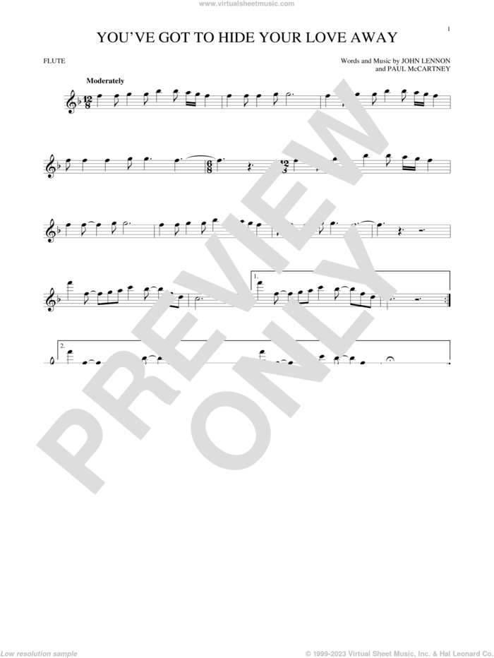 You've Got To Hide Your Love Away sheet music for flute solo by The Beatles, John Lennon and Paul McCartney, intermediate skill level
