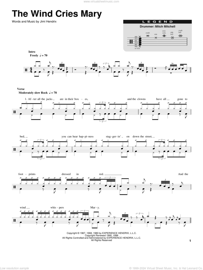 The Wind Cries Mary sheet music for drums by Jimi Hendrix, intermediate skill level