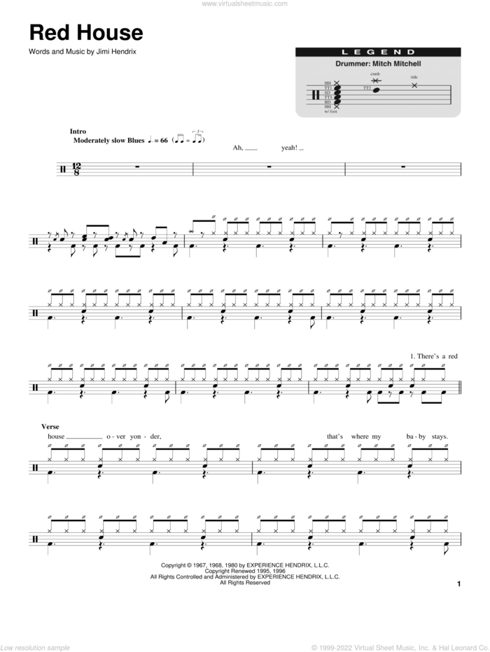 Red House sheet music for drums by Jimi Hendrix, intermediate skill level