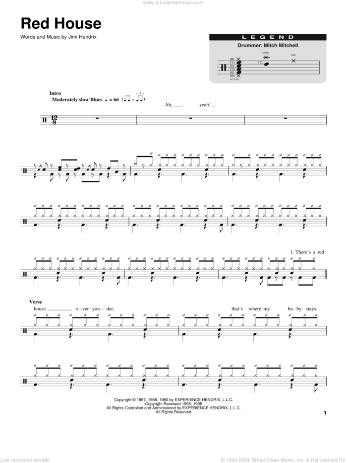 Red House sheet music for drums by Jimi Hendrix, intermediate skill level