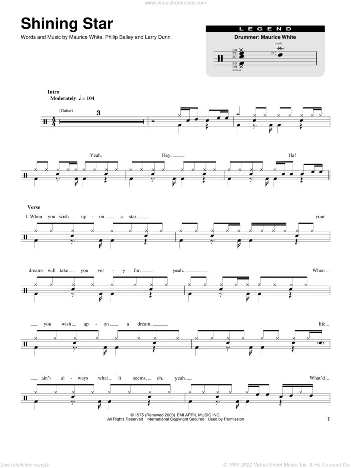Shining Star sheet music for drums by Earth, Wind & Fire, Yolanda Adams, Larry Dunn, Maurice White and Philip Bailey, intermediate skill level