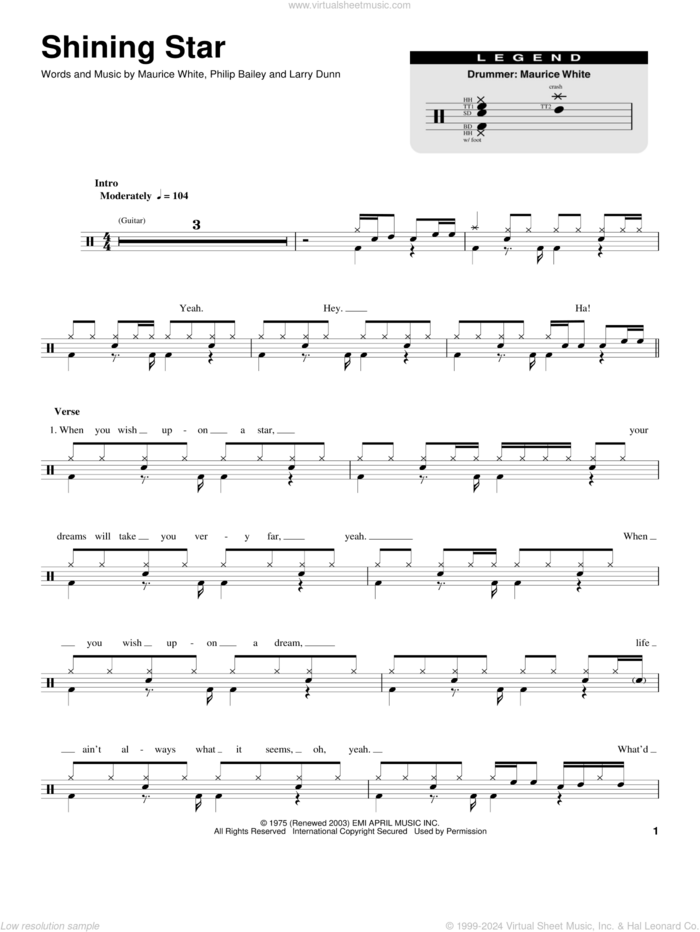 Shining Star sheet music for drums by Earth, Wind & Fire, Yolanda Adams, Larry Dunn, Maurice White and Philip Bailey, intermediate skill level