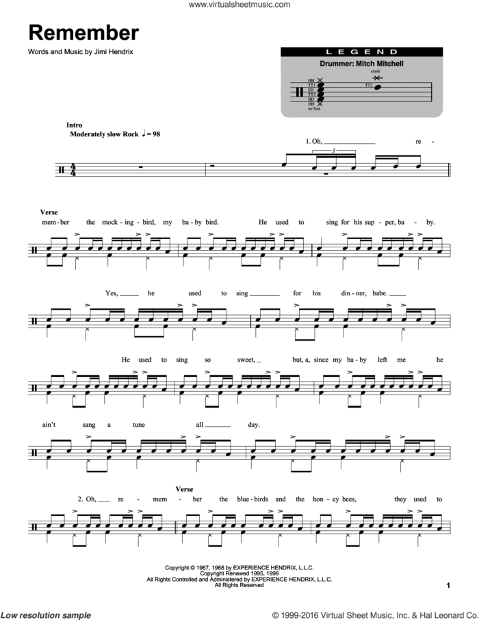 Remember sheet music for drums by Jimi Hendrix, intermediate skill level
