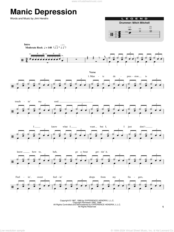 Manic Depression sheet music for drums by Jimi Hendrix, intermediate skill level