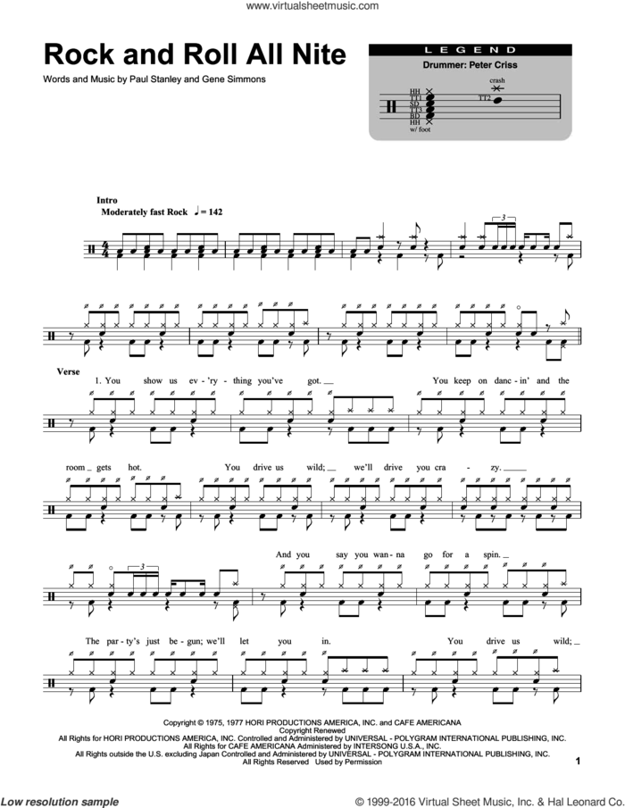 Rock And Roll All Nite sheet music for drums by KISS, Gene Simmons and Paul Stanley, intermediate skill level