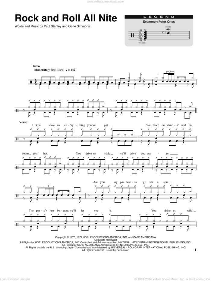 Rock And Roll All Nite sheet music for drums by KISS, Gene Simmons and Paul Stanley, intermediate skill level