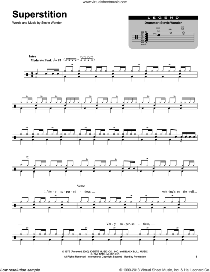 Superstition sheet music for drums by Stevie Ray Vaughan and Stevie Wonder, intermediate skill level