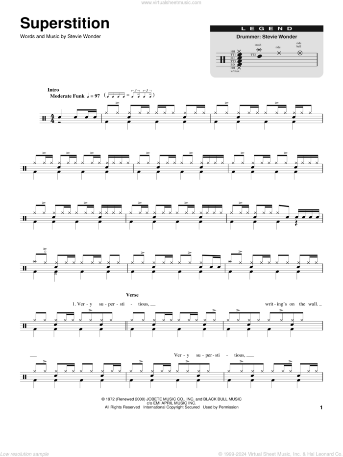 Superstition sheet music for drums by Stevie Ray Vaughan and Stevie Wonder, intermediate skill level