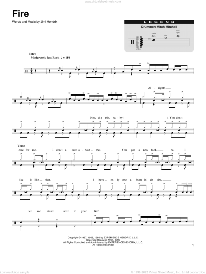 Fire sheet music for drums by Jimi Hendrix, intermediate skill level