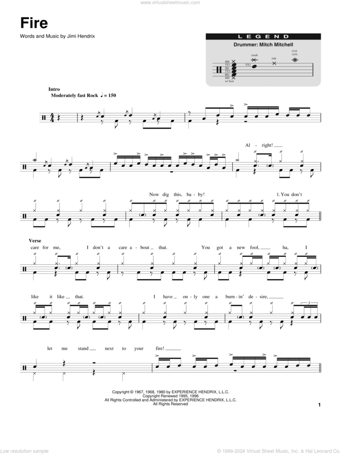 Fire sheet music for drums by Jimi Hendrix, intermediate skill level