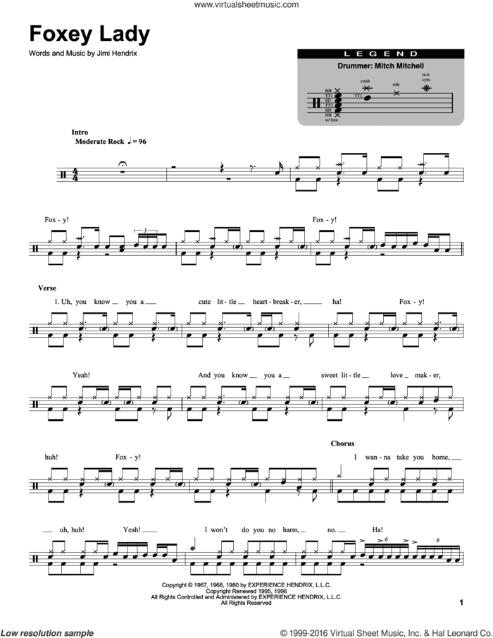 Foxey Lady sheet music for drums by Jimi Hendrix, intermediate skill level