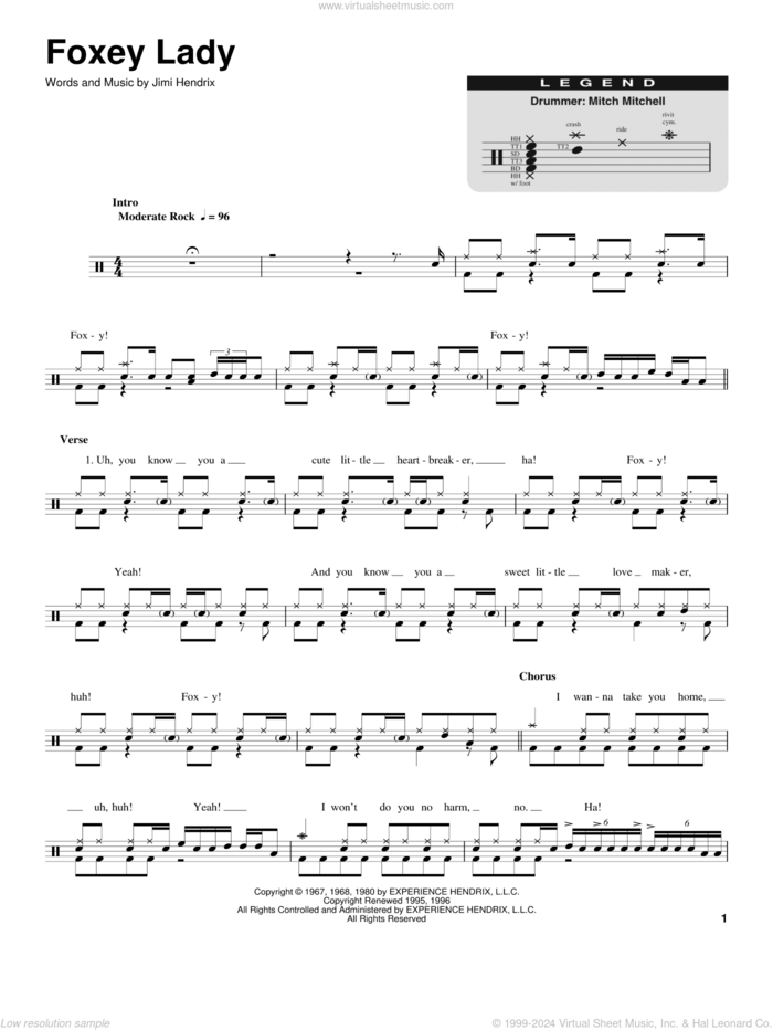 Foxey Lady sheet music for drums by Jimi Hendrix, intermediate skill level