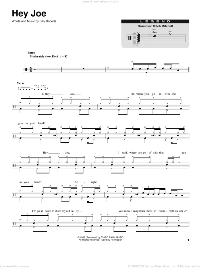 Hey Joe sheet music for drums by Jimi Hendrix and Billy Roberts, intermediate skill level