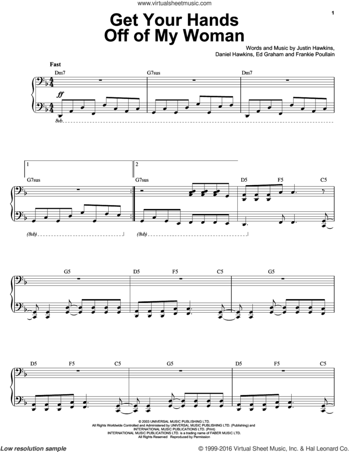 Get Your Hands Off My Woman sheet music for keyboard or piano by Ben Folds, The Darkness, Daniel Hawkins, Ed Graham, Frankie Poullain and Justin Hawkins, intermediate skill level