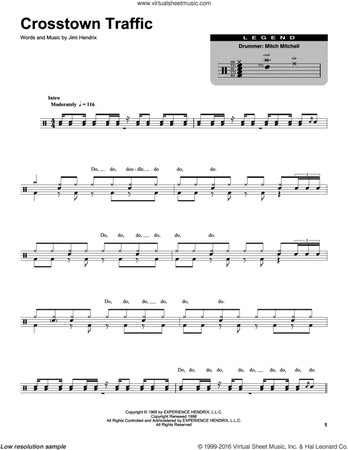 Crosstown Traffic sheet music for drums by Jimi Hendrix, intermediate skill level