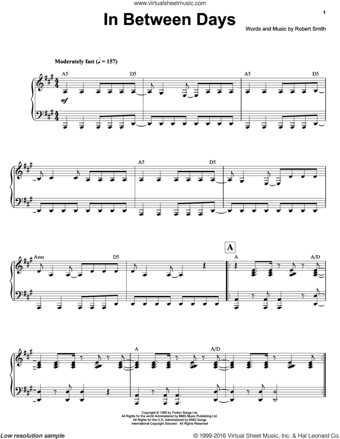 In Between Days sheet music for keyboard or piano by Ben Folds, The Cure and Robert Smith, intermediate skill level