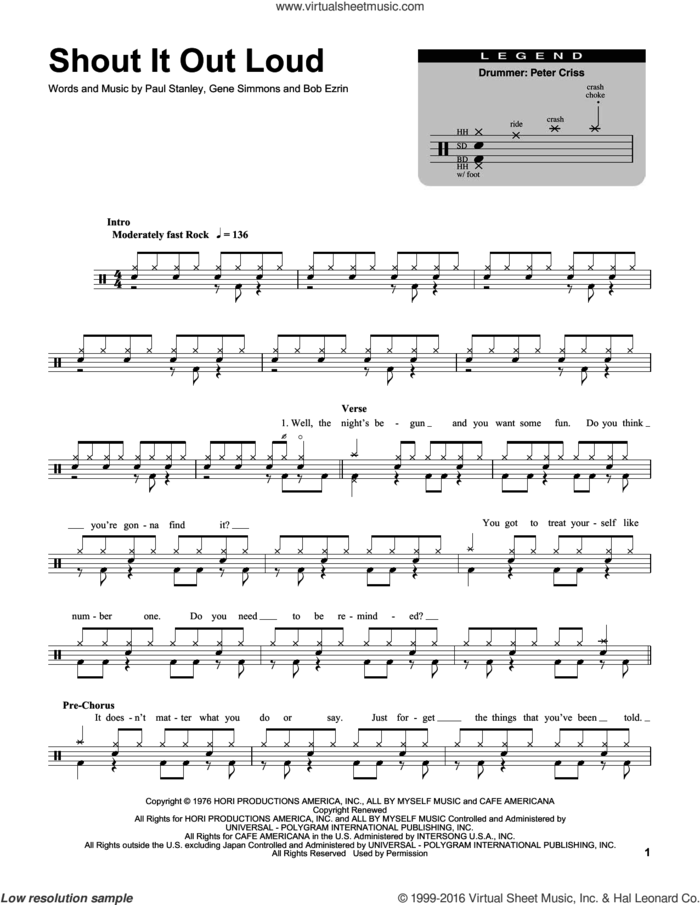 Shout It Out Loud sheet music for drums by KISS, Bob Erzin, Gene Simmons and Paul Stanley, intermediate skill level