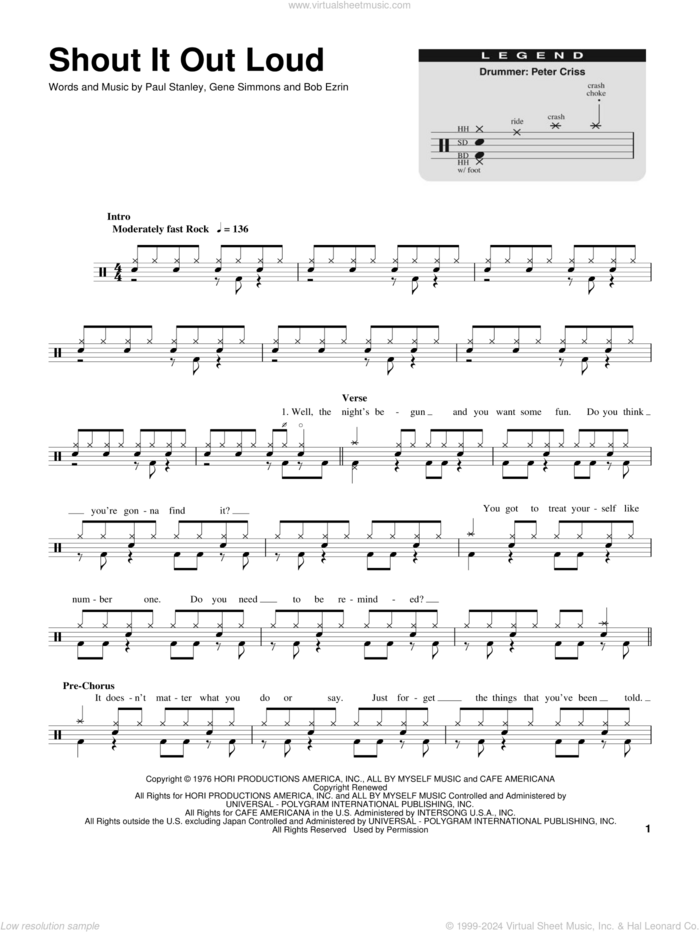 Shout It Out Loud sheet music for drums by KISS, Bob Erzin, Gene Simmons and Paul Stanley, intermediate skill level