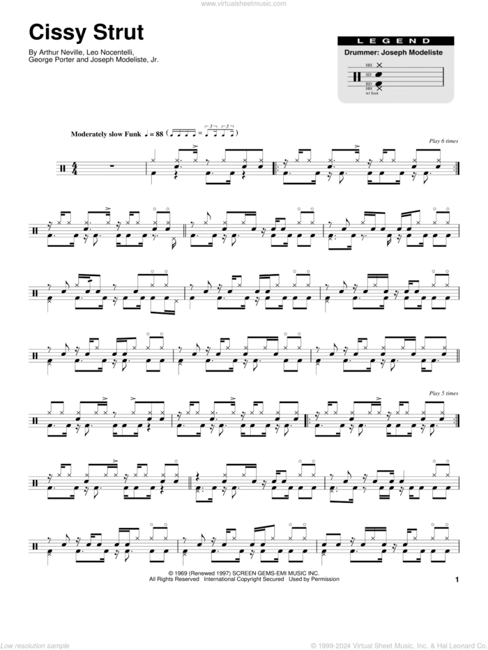 Cissy Strut sheet music for drums by The Meters, Arthur Neville, George Porter, Joseph Modeliste, Jr. and Leo Nocentelli, intermediate skill level