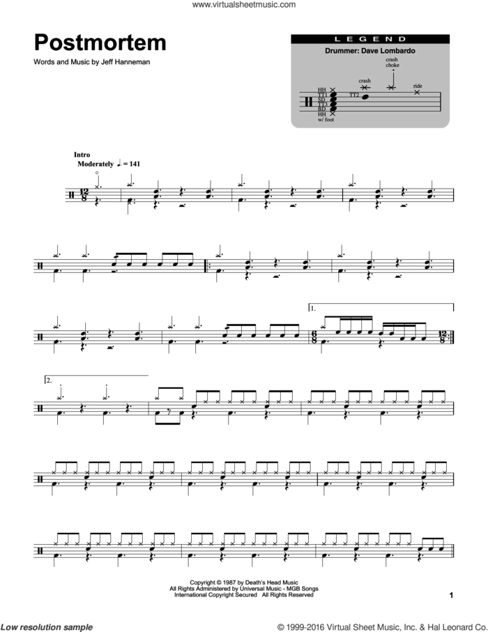 Postmortem sheet music for drums by Slayer and Jeff Hanneman, intermediate skill level