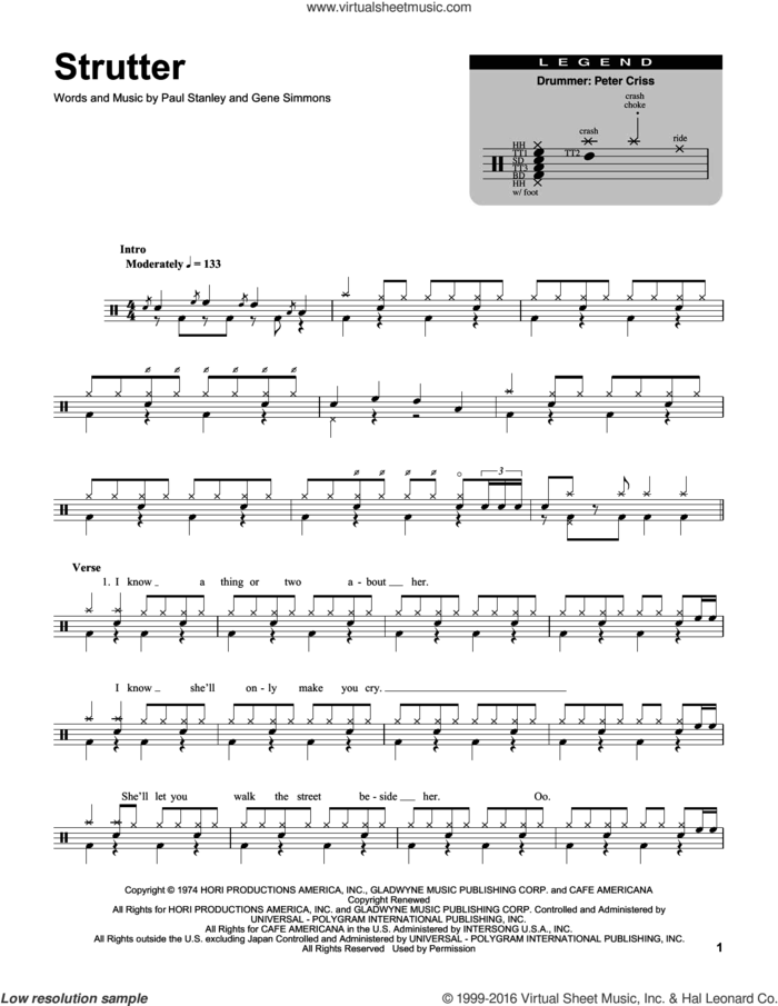 Strutter sheet music for drums by KISS, Gene Simmons and Paul Stanley, intermediate skill level