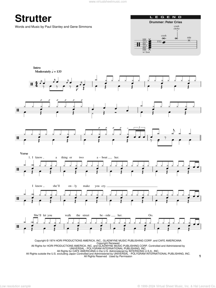 Strutter sheet music for drums by KISS, Gene Simmons and Paul Stanley, intermediate skill level