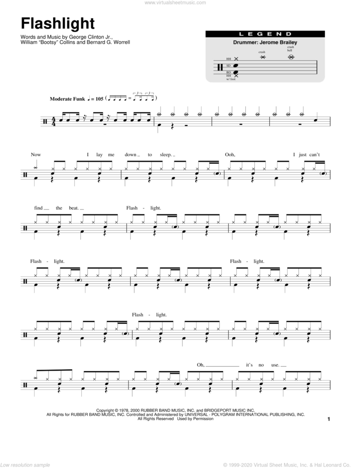 Flashlight sheet music for drums by Parliament, Bernard G. Worrell, George Clinton Jr. and William Collins, intermediate skill level